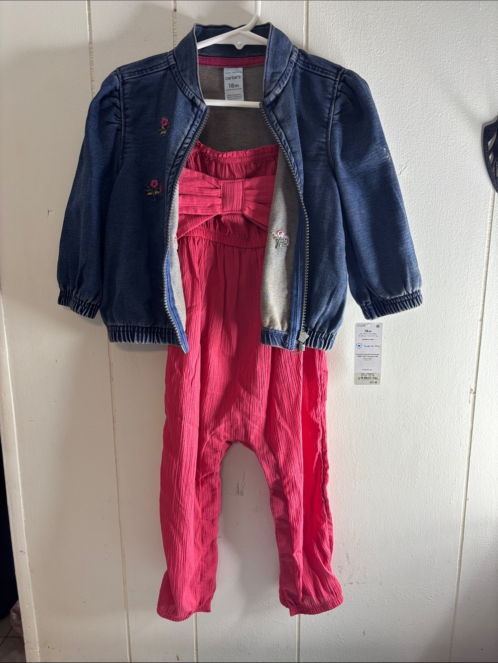221-Carter's Navy Denim Jacket with Bright Pink Bow Romper
